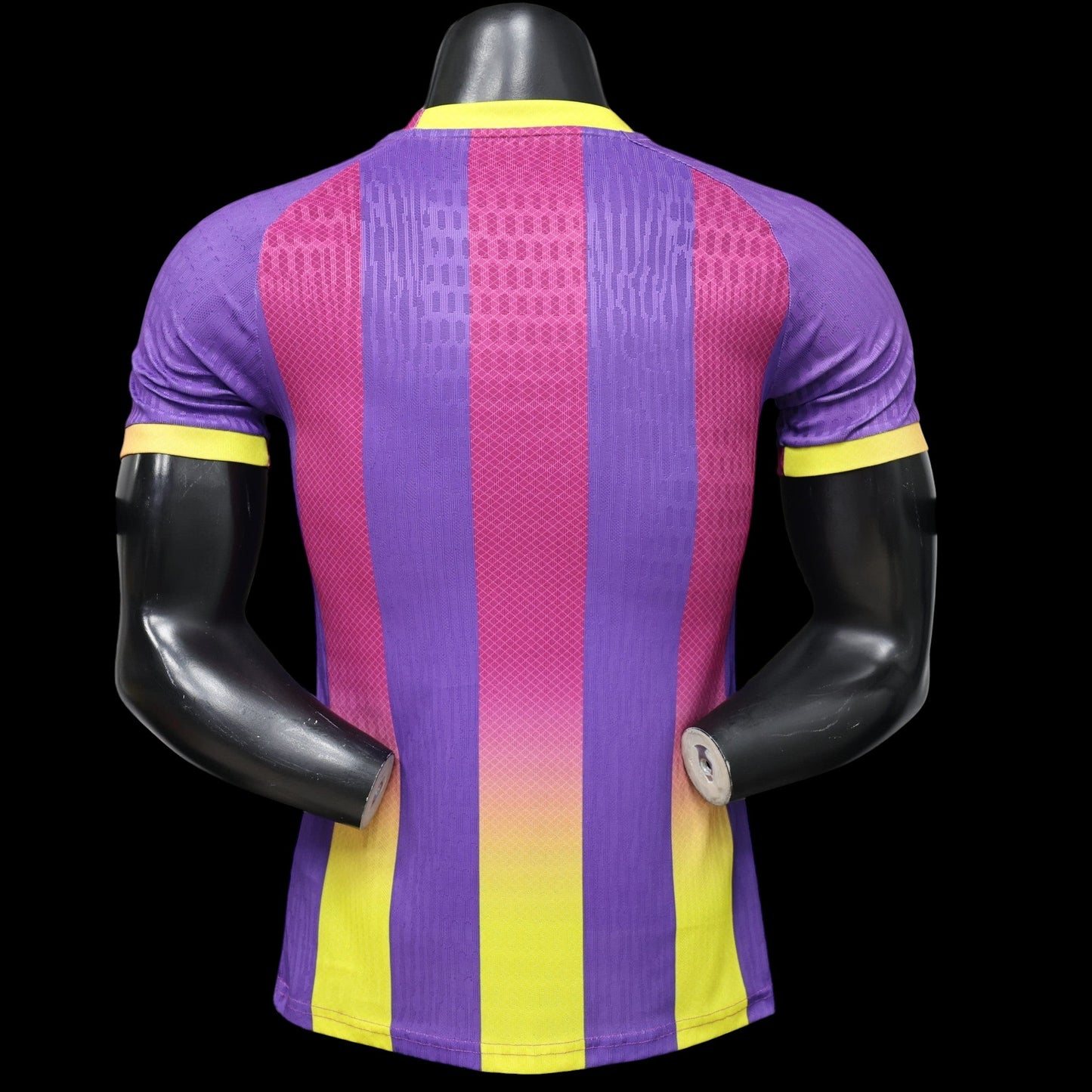 My Store Maillot de football homme violet, rose et jaune à rayures verticales, col rond, manches courtes.