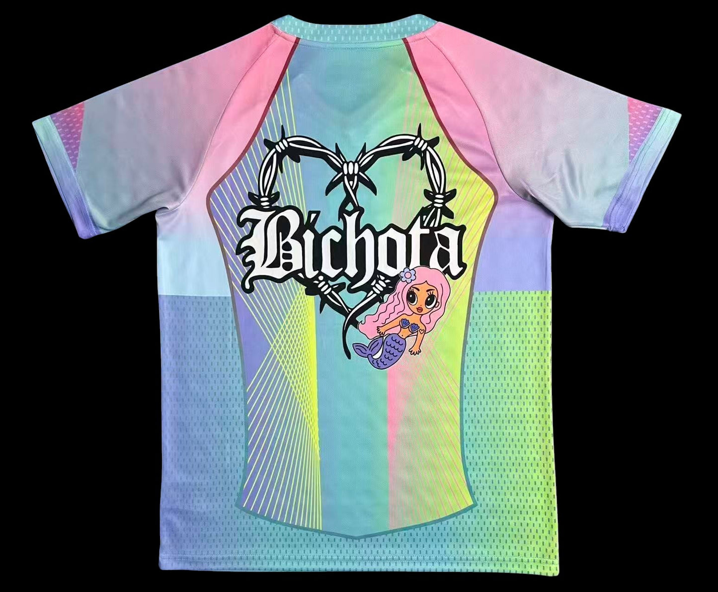 Maillot de football My Store Karol G Bichota pastel dégradé rose et bleu menthe avec sirène et fil de fer barbelé