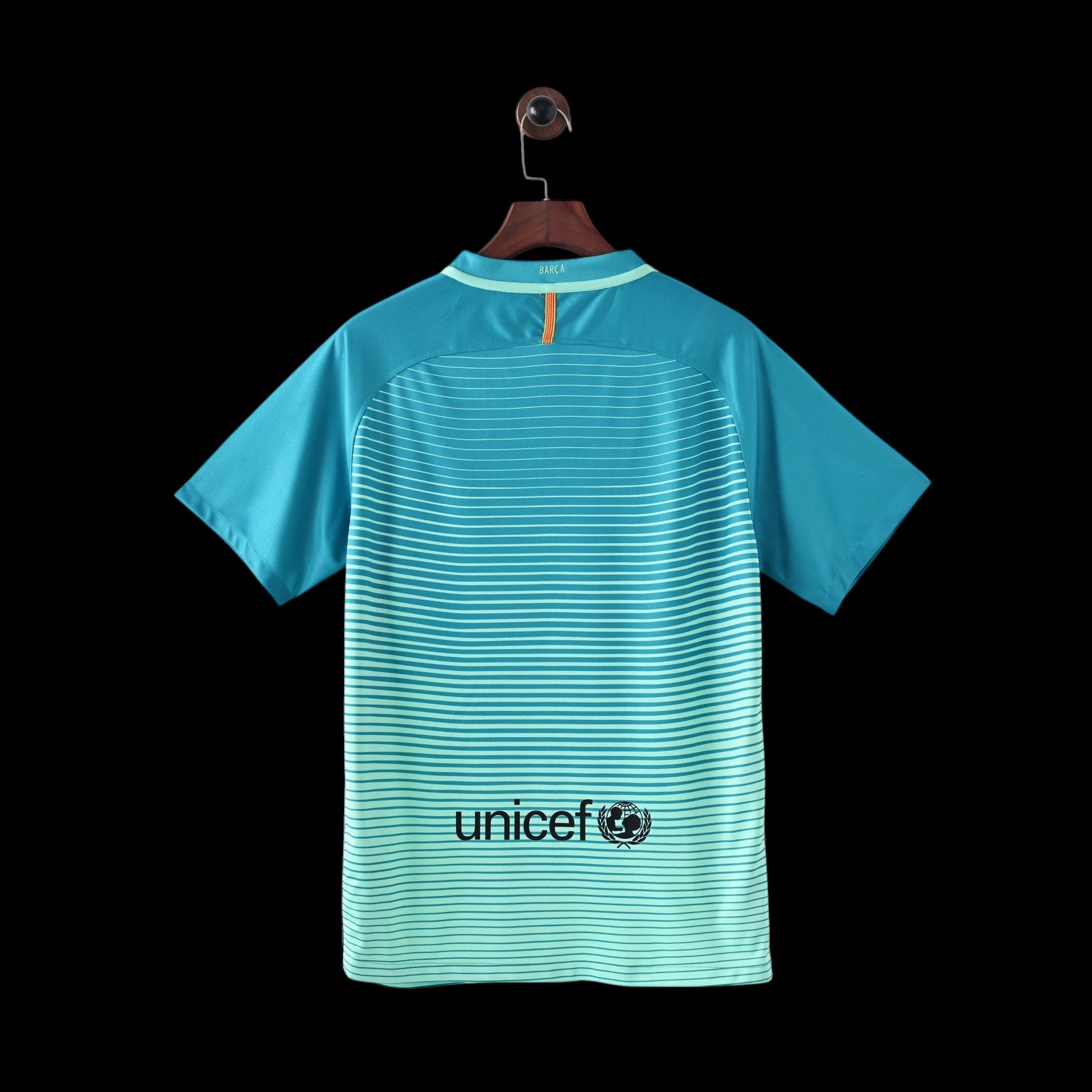 My Store 4 Maillot de football FC Barcelone bleu sarcelle et vert menthe avec rayures horizontales et logo UNICEF.