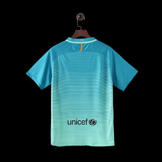 My Store 4 Maillot de football FC Barcelone bleu sarcelle et vert menthe avec rayures horizontales et logo UNICEF.