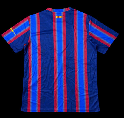 Maillot de football bleu et rouge My Store 4 pour homme, rayures verticales, col rond, manches courtes, logo du club sur la poitrine.