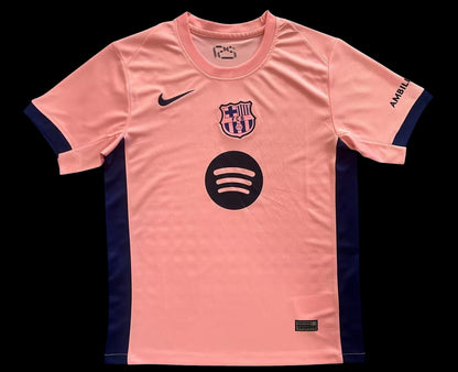 Maillot de football My Store 4 homme rose vif, détails bleu marine, logo FCB et Spotify sur la poitrine.