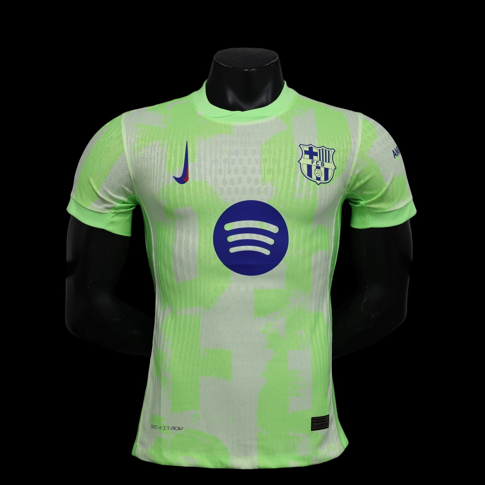 Maillot de football My Store 4 homme vert vif avec motif abstrait, logo Nike et Spotify. Tissu technique respirant.