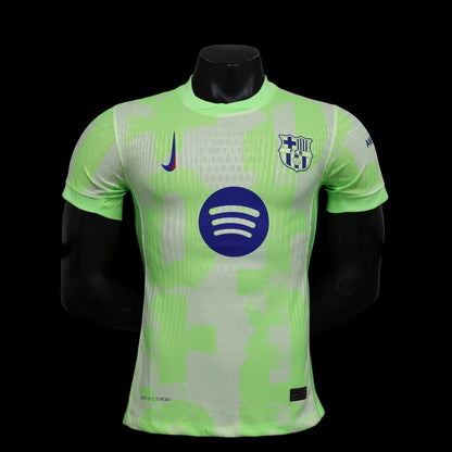 Maillot de football My Store 4 homme vert vif avec motif abstrait, logo Nike et Spotify. Tissu technique respirant.