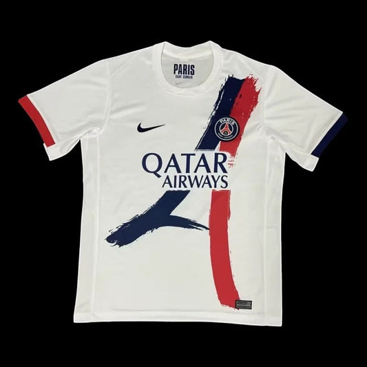 Maillot de football blanc Paris Saint-Germain pour homme, avec logo et sponsor Qatar Airways, touches de bleu et rouge.
