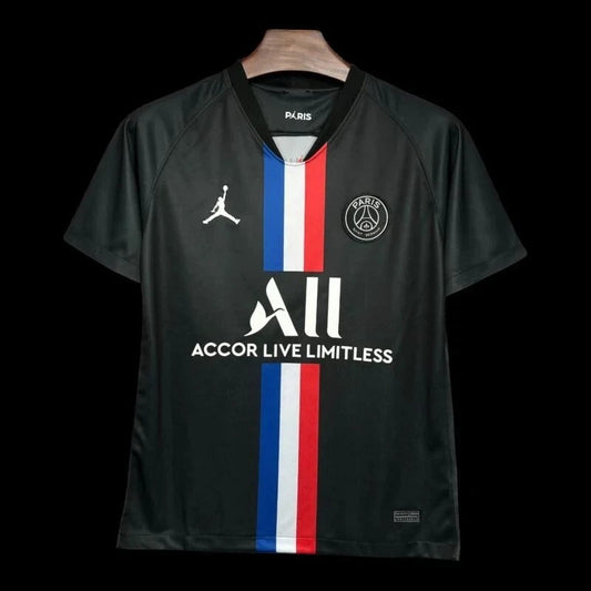 Maillot de football Paris Saint-Germain noir pour homme, logo Jordan, bandes tricolores sur le devant, sponsor "All Accor Live Limitless".