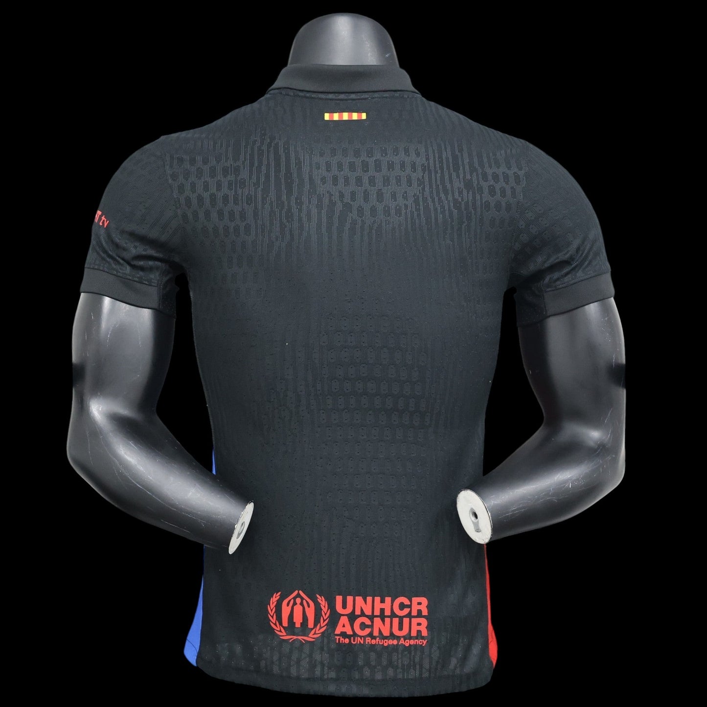 Maillot de football FC Barcelone homme noir avec logo UNHCR, col polo, tissu Dri-FIT. My Store 4Here.