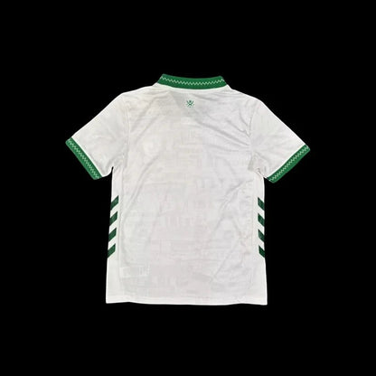 Maillot de football homme My Store ASSE blanc et vert, col polo, manches courtes avec bandes latérales, tissu léger et respirant.