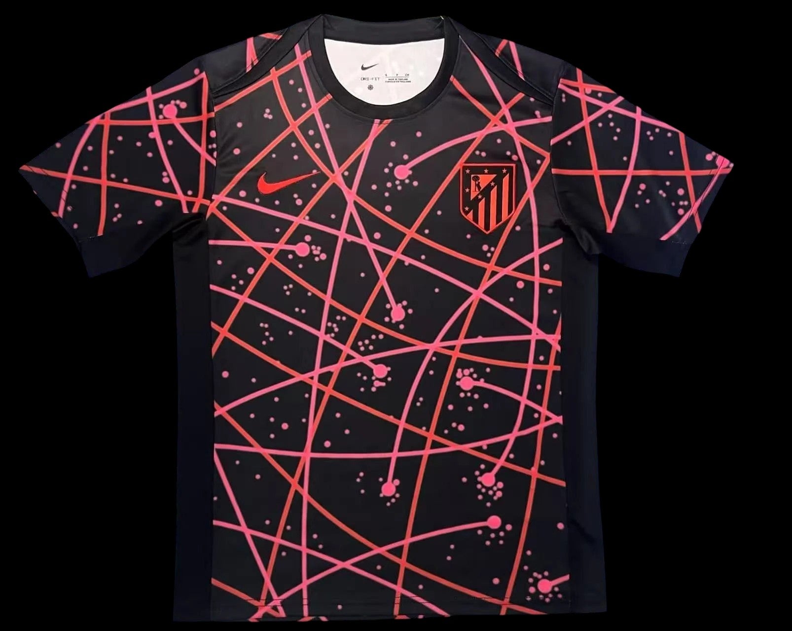 Maillot de football Atletico de Madrid noir pour homme, motif abstrait rose et rouge, logo Nike, col rond, manches courtes.
