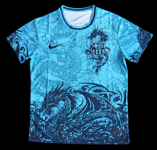 Maillot de football homme My Store bleu ciel avec motif dragon, col rond, manches courtes, blason FCB.