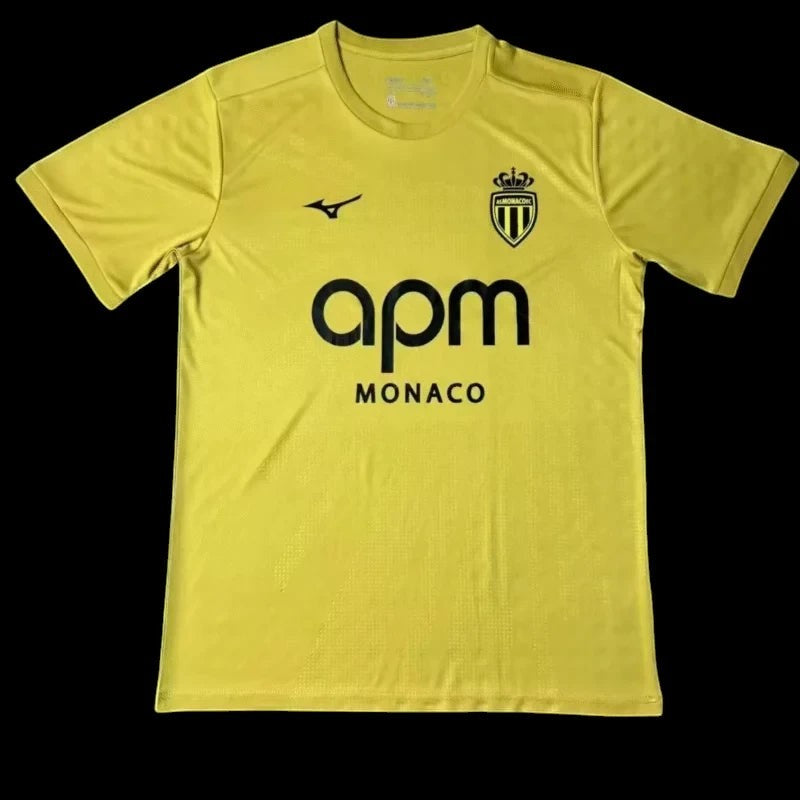 Maillot de football AS Monaco jaune vif pour homme, logo de l'équipe et sponsor "apm MONACO" sur la poitrine, tissu respirant.