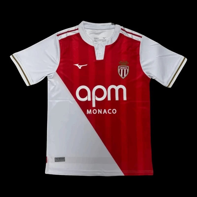 Maillot de football AS Monaco homme rouge et blanc, logo de l'équipe, sponsor APM, tissu léger et respirant.