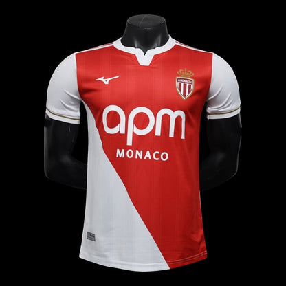 Maillot de football AS Monaco rouge et blanc pour homme, avec logo de l'équipe et sponsor APM.