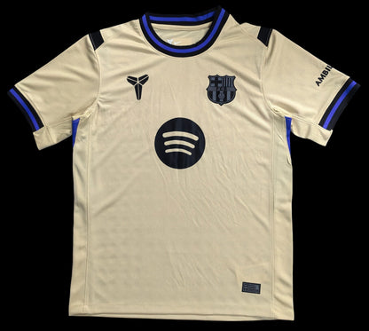Maillot de football beige pour adulte My Store, inspiré du FC Barcelone, avec col et manches bleus et noirs, logos Spotify et UNHCR ACNUR.