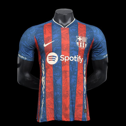 Maillot de football My Store rayé bleu et rouge pour homme, col rond, manches courtes, logo Spotify.