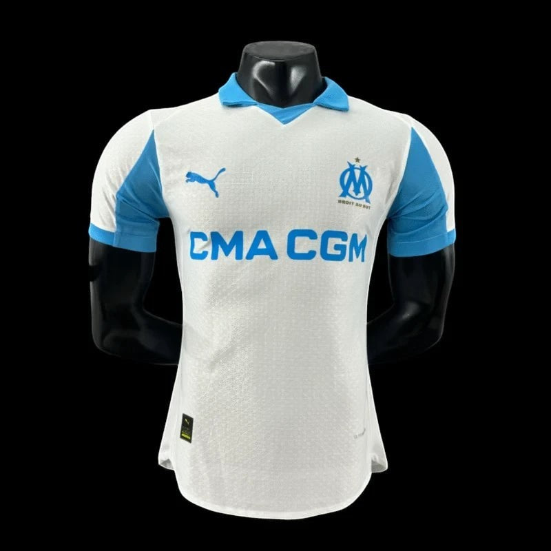 Maillot de football Olympique de Marseille blanc et bleu ciel pour homme, logo OM, Puma et sponsor CMA CGM