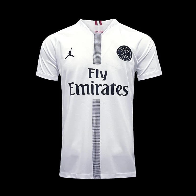 Maillot de football blanc Jordan Brand Paris Saint-Germain pour homme, col V, logo Jumpman, blason PSG, sponsor Fly Emirates.