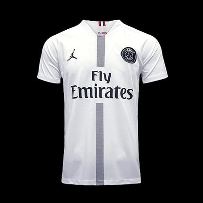 Maillot de football blanc Jordan Brand Paris Saint-Germain pour homme, col V, logo Jumpman, blason PSG, sponsor Fly Emirates.