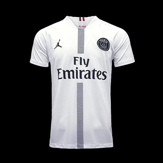 Maillot de football blanc Jordan Brand Paris Saint-Germain pour homme, col V, logo Jumpman, blason PSG, sponsor Fly Emirates.
