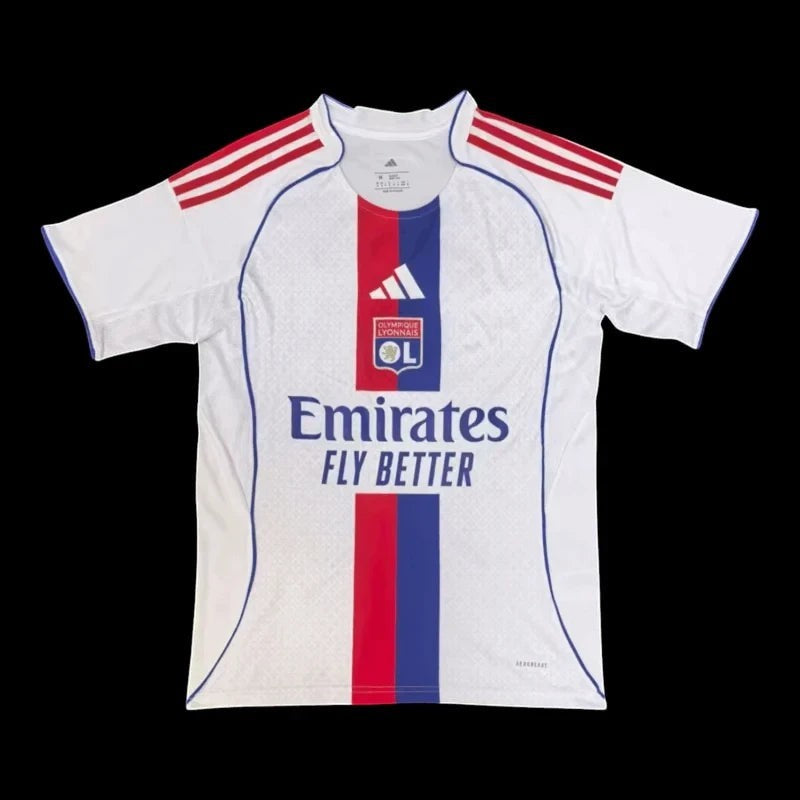 Maillot de football Olympique Lyonnais blanc, rouge et bleu avec logo OL et sponsor Emirates FLY BETTER. Adidas.