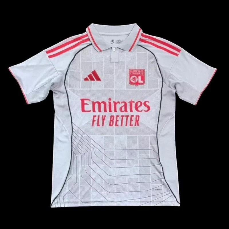 Maillot de football Olympique Lyonnais domicile 2023-2024 gris clair avec accents rouges, logo Adidas et sponsor Emirates. Tissu AEROREADY.