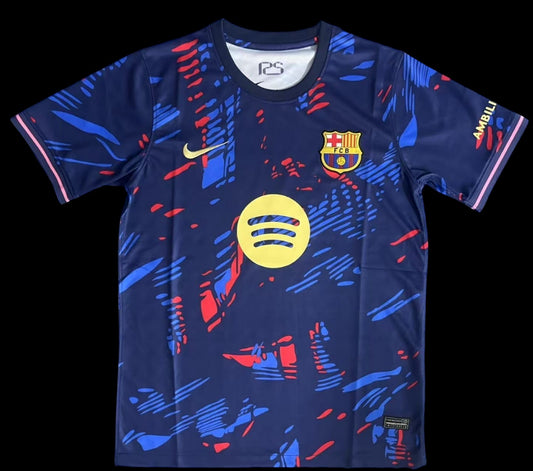 Maillot de football My Store 4 bleu marine avec motif abstrait rouge et bleu, liserés roses sur les manches.