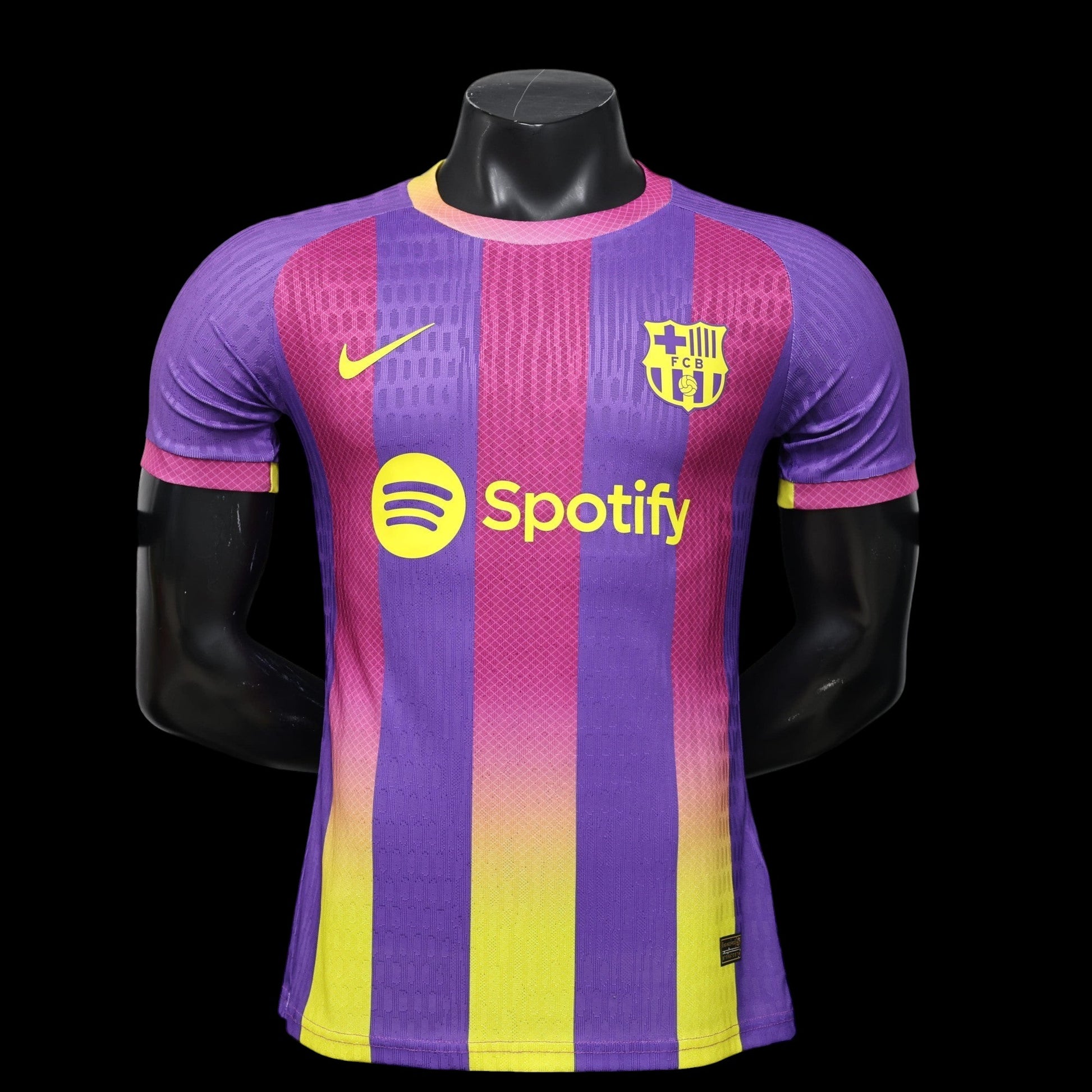 Maillot de football My Store pour homme, violet, rose et jaune, rayures verticales, col rond, manches courtes, logo Spotify