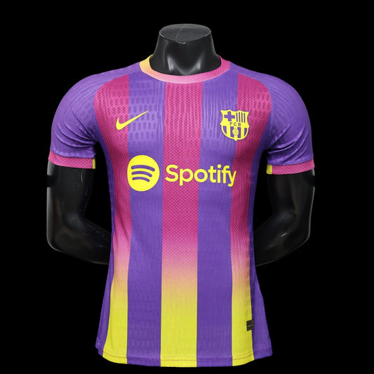 Maillot de football My Store pour homme, violet, rose et jaune, rayures verticales, col rond, manches courtes, logo Spotify