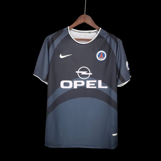 Maillot de football gris anthracite pour homme My Store, avec logo PSG et sponsor Opel, manches courtes, col rond, tissu respirant.