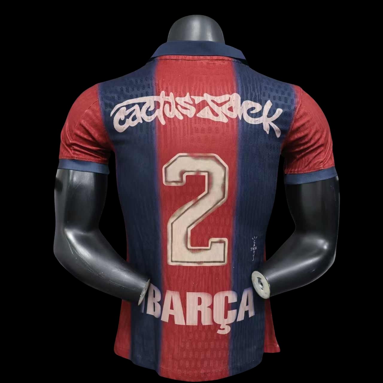 Maillot de football My Store 4 homme bleu marine et rouge rayé, avec numéro 2 et inscription "BARÇA" et "Cactus Jack"