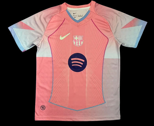 My Store 4 Maillot de football rose vif pour homme, col en V, manches courtes, détails graphiques bleus et blancs, logo Spotify.