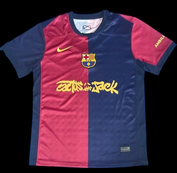 Maillot de football bicolore rouge et bleu marine My Store 4 avec blason FCB et logo Cactus Jack